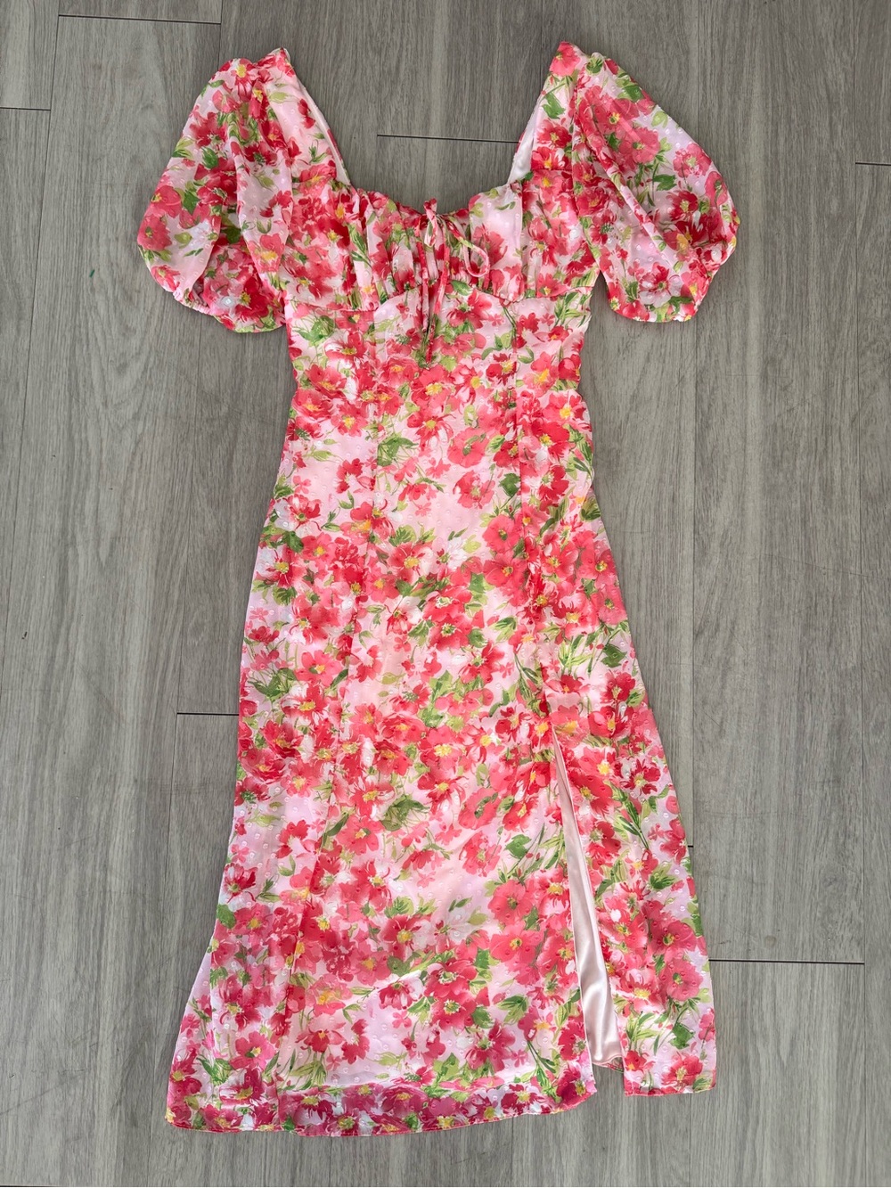 B. Darlin Pink Floral Puff Sleeve Midi Dress Cottagecore Romantic Slit - Picture 2 of 5